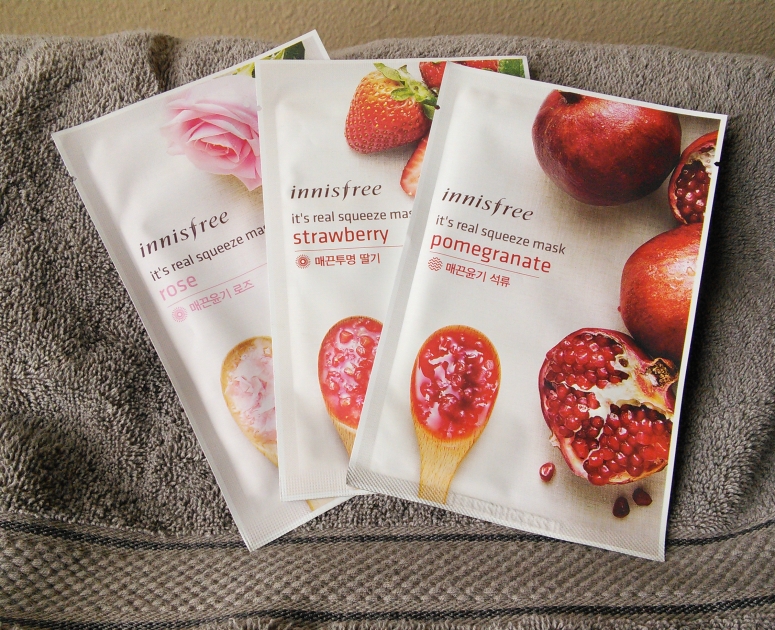 Innisfree It's Real Squeeze Masks in Rose, Strawberry, and Pomegranate