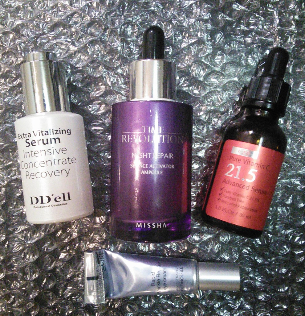 OST C21.5 serum, DD'ell Extra Vitalizing Serum, Missha Time Revolution Night Repair Science Activator Ampoule, Neutrogena Rapid Wrinkle Repair Eye Cream