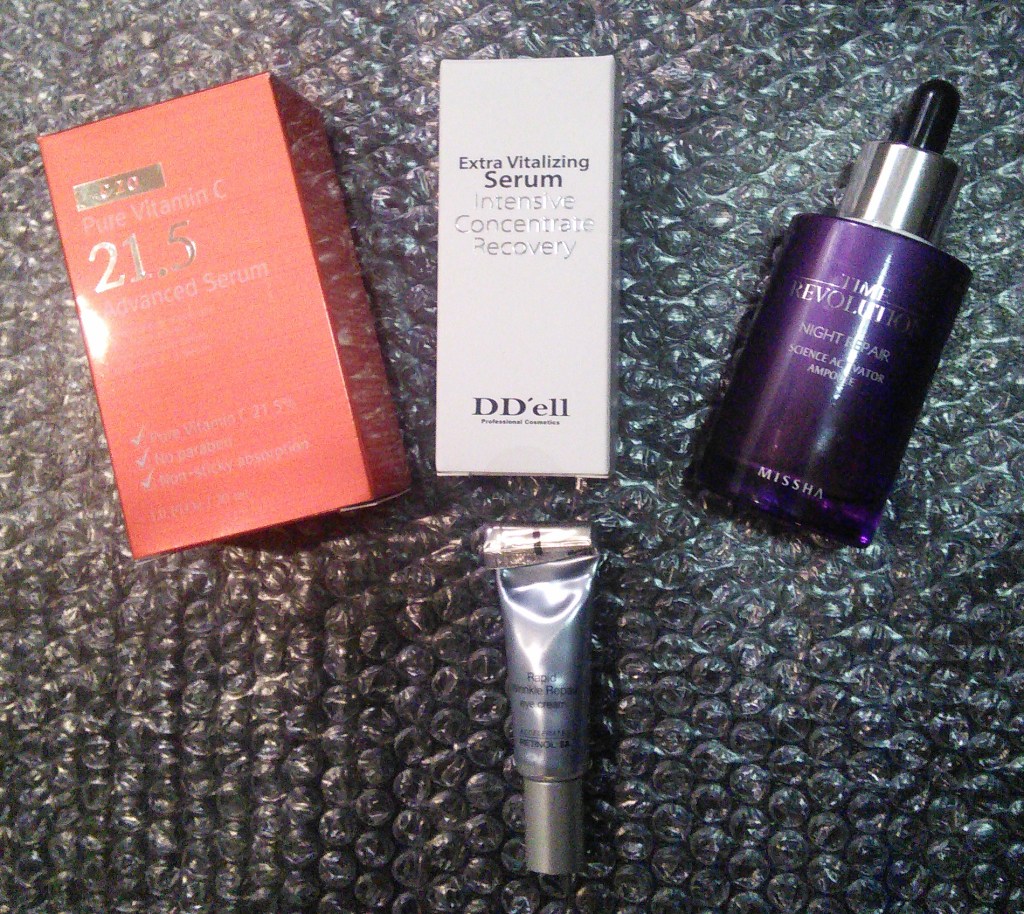 OST C21.5, DD'ell Extra Vitalizing Serum, Missha Time Revolution Night Repair Science Activator "Long Name" Ampoule, Neutrogena Rapid Wrinkle Repair Eye Cream