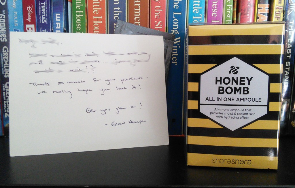 Shara Shara Honey Bomb ampoule and Glow Recipe personal thank-you card