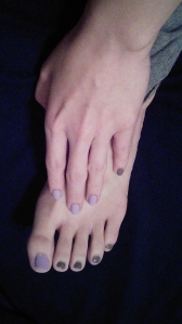 Lavender and steel gray manicure and pedicure.