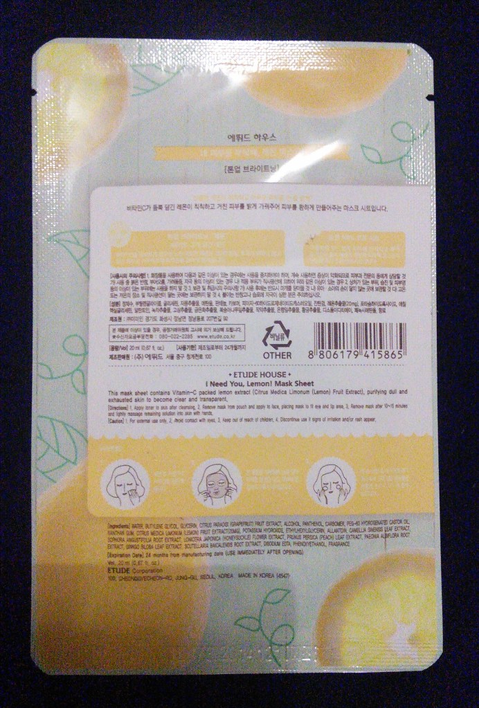 Back of Etude House I Need You sheet mask in Lemon, back of package