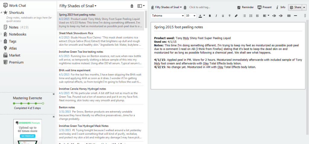 Skincare notes in Evernote