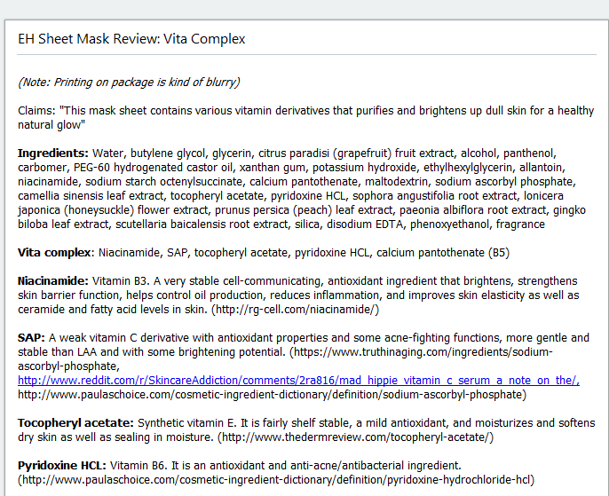 Etude House I Need You! Vita Complex sheet mask testing notes