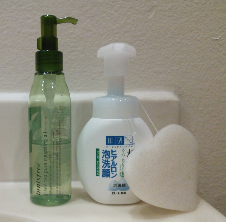 Double cleansing with Innisfree cleansing oil and Hada Labo cleansing foam