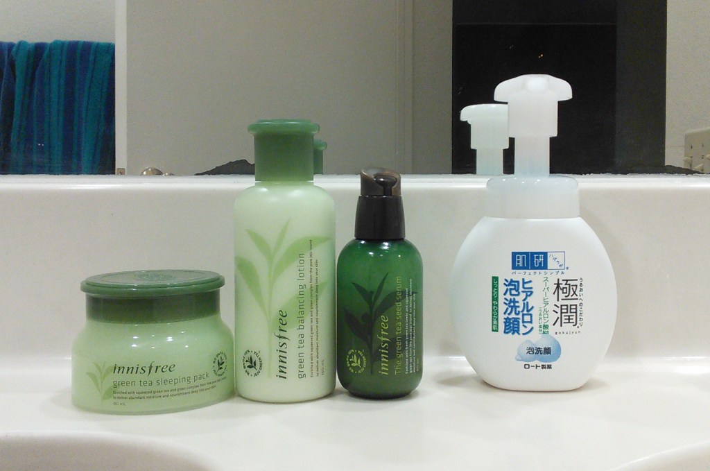 Innisfree Green Tea Seed Serum, Green Tea Balancing Lotion, Green Tea Sleeping Pack, and Hada Labo foaming cleanser