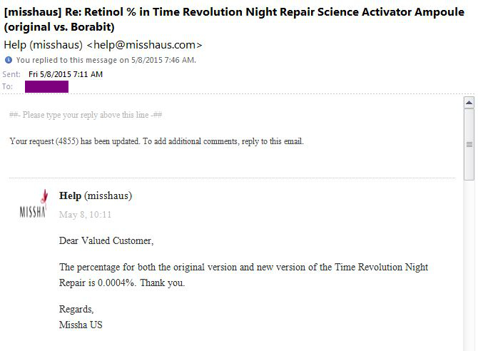 Official Missha answer regarding retinol percentage in Night Repair ampoule