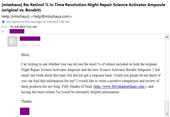 Email to Missha regarding retinol percentage in Science Activator Borabit Ampoule