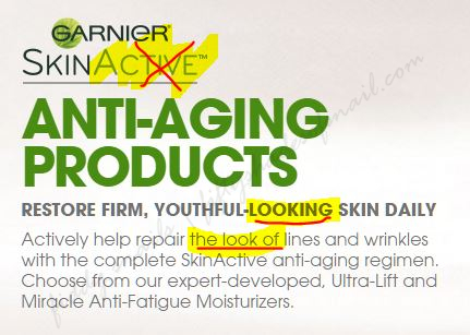 Garnier anti-aging product marketing claims
