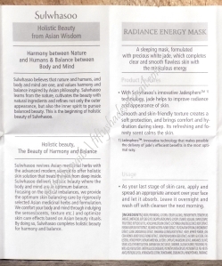 Sulwhasoo Radiance Energy Mask English pamphlet